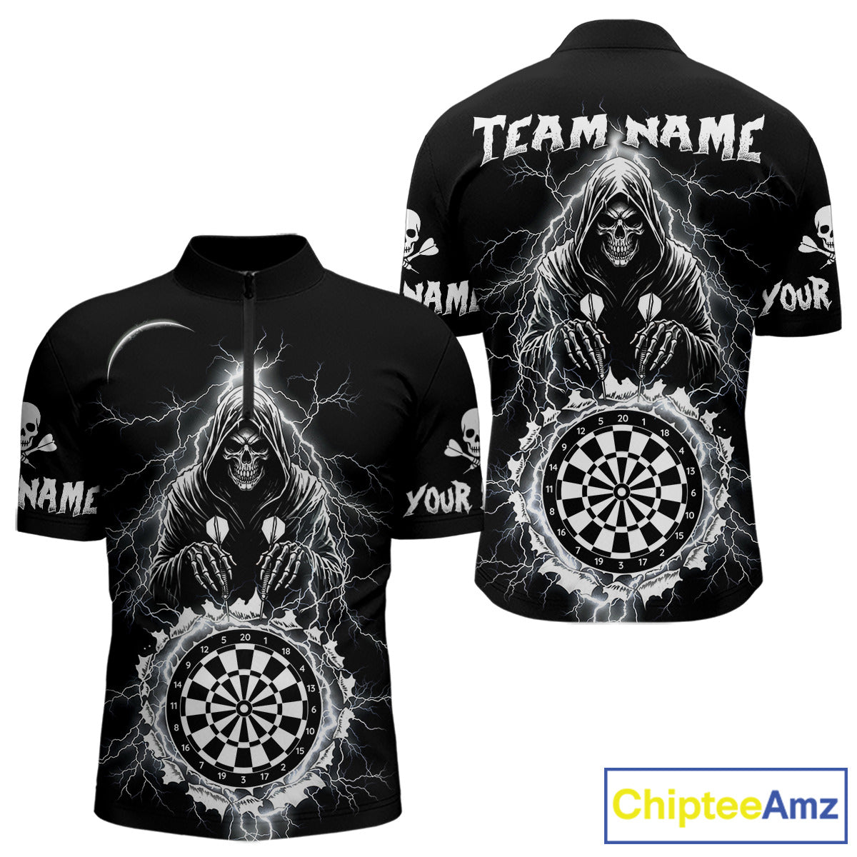 Lightning Thunder White & Black Grim Reaper Custom Dart Quarter-Zip Shirt Men Dart League Jerseys NYN2091