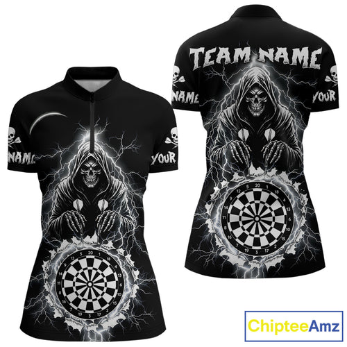 Lightning Thunder White & Black Grim Reaper Custom Dart Quarter-Zip Shirt Women Dart League Jerseys NYN2091