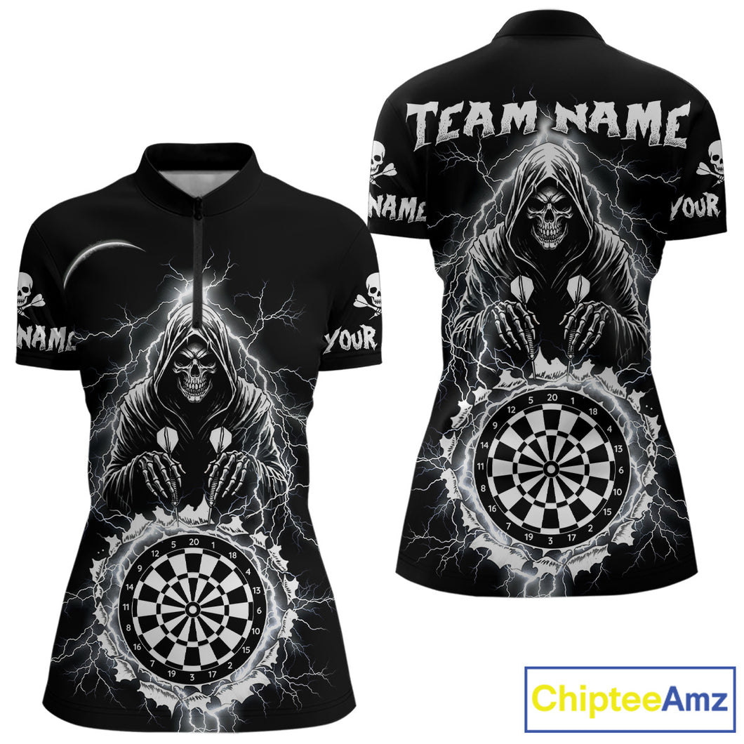 Lightning Thunder White & Black Grim Reaper Custom Dart Quarter-Zip Shirt Women Dart League Jerseys NYN2091