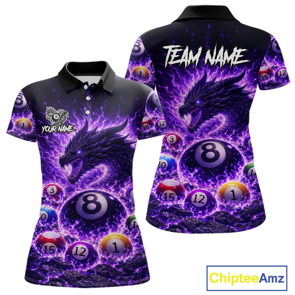 Purple Flaming Funny Dragon Pool 8 Ball Billiard Shirt For Women Custom Ball Billiard Team Attire NYN2611