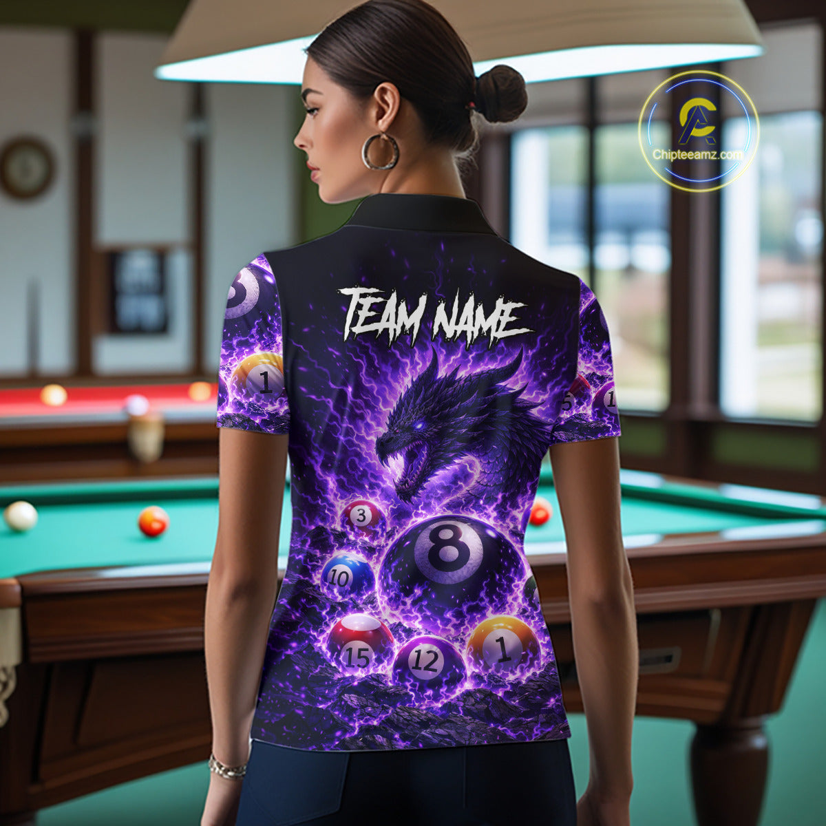 Purple Flaming Funny Dragon Pool 8 Ball Billiard Shirt For Women Custom Ball Billiard Team Attire NYN2611