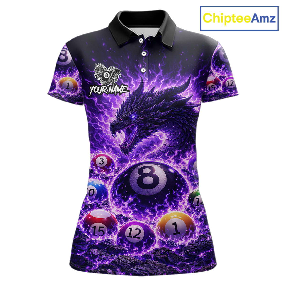 Purple Flaming Funny Dragon Pool 8 Ball Billiard Shirt For Women Custom Ball Billiard Team Attire NYN2611