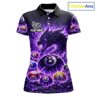 Purple Flaming Funny Dragon Pool 8 Ball Billiard Shirt For Women Custom Ball Billiard Team Attire NYN2611