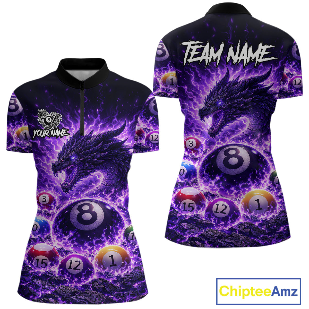 Purple Flaming Funny Dragon Pool 8 Ball Billiard Shirt For Women Custom Ball Billiard Team Attire NYN2611