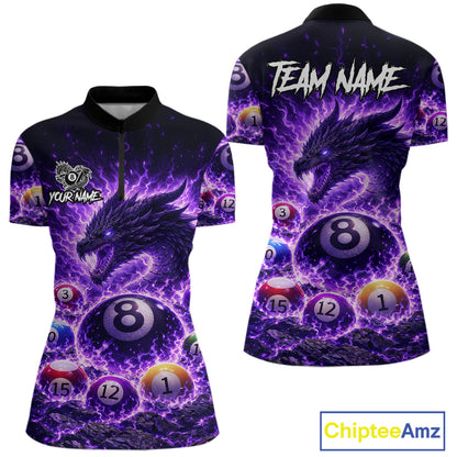 Purple Flaming Funny Dragon Pool 8 Ball Billiard Shirt For Women Custom Ball Billiard Team Attire NYN2611