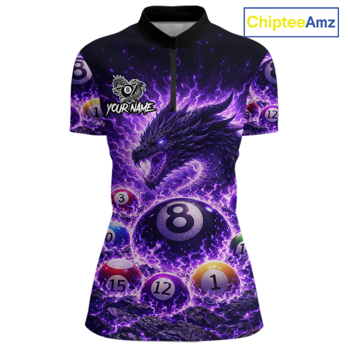 Purple Flaming Funny Dragon Pool 8 Ball Billiard Shirt For Women Custom Ball Billiard Team Attire NYN2611