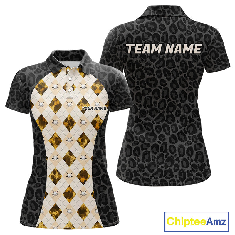Black leopard womens golf polo yellow argyle golf outfit