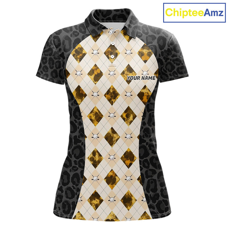 Black leopard womens golf polo yellow argyle golf outfit