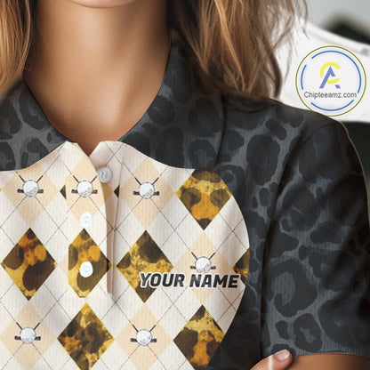 Black Leopard Womens Golf Polo Shirt Personalized Yellow Argyle Pattern Golf Team Outfits NYN3395