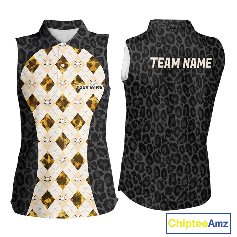 Black leopard womens golf sleeveless polo yellow argyle golf team outfit