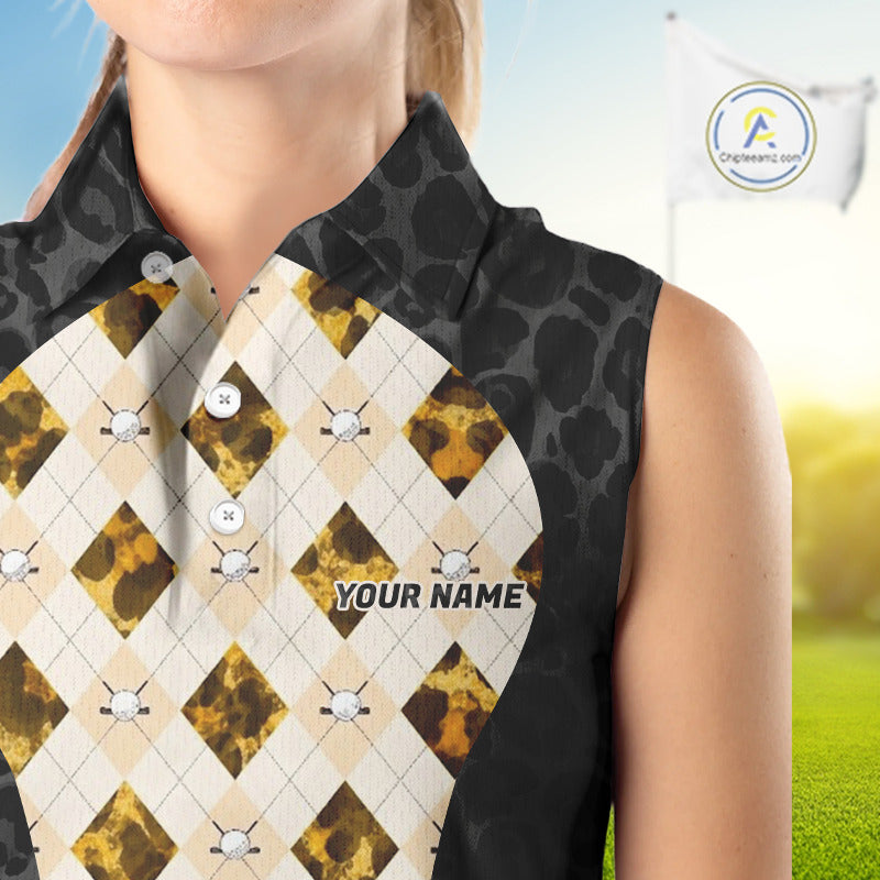 Black Leopard Womens Golf Sleeveless Polo Shirt Personalized Yellow Argyle Pattern Golf Team Outfits NYN3395