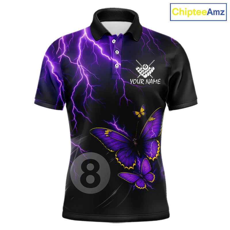 Men's billiard polo featuring neon butterflies, purple thunder and glowing 8 ball artwork, personalized performance pool apparel for APA leagues, BCA tournaments, butterfly lovers and fantasy sports fans, symbolizing transformation, power and competitive excellence.