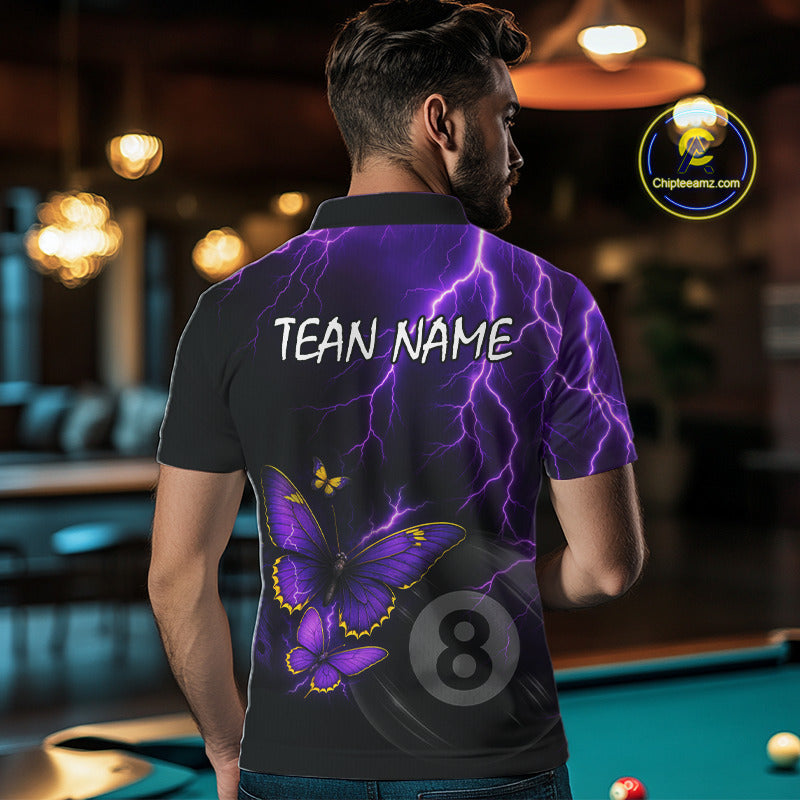 Male billiard player wearing custom neon butterfly 8 ball quarter-zip jersey during tournament play, premium performance apparel for competitive athletes, fantasy art enthusiasts and league champions, symbolizing confidence, transformation and elite performance.