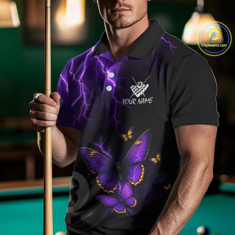 Male billiard player wearing custom neon butterfly 8 ball quarter-zip jersey during tournament play, premium performance apparel for competitive athletes, fantasy art enthusiasts and league champions, symbolizing confidence, transformation and elite performance.