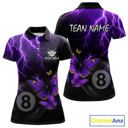 Women's billiard polo featuring neon butterflies, purple thunder and realistic 8 ball graphics, custom pool shirt for league play, tournaments, billiard clubs, fantasy art fans and modern sports fashion