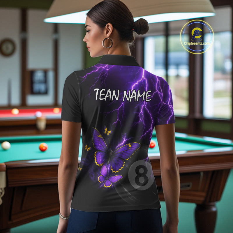 Female billiard player wearing custom neon butterfly 8 ball quarter-zip jersey during tournament, representing confidence, transformation, precision and elite competitive performance