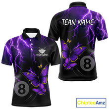 Load image into Gallery viewer, Men's billiard polo featuring neon butterflies, purple thunder and glowing 8 ball artwork, personalized performance pool apparel for APA leagues, BCA tournaments, butterfly lovers and fantasy sports fans, symbolizing transformation, power and competitive excellence.
