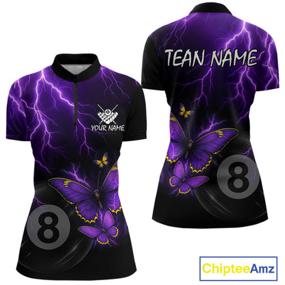 Women's quarter-zip billiard jersey with glowing neon butterflies, purple lightning and 8 ball design, personalized performance apparel for APA, BCA tournaments, pool teams and esports-inspired style.