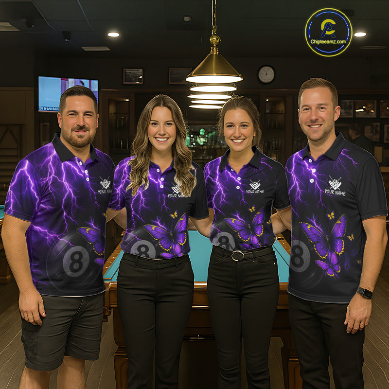 Men women billiard team wearing matching neon butterfly jerseys for APA league, BCA tournament and team competition, representing unity, transformation, confidence and championship spirit.