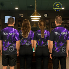 Load image into Gallery viewer, Men women billiard team wearing matching neon butterfly jerseys for APA league, BCA tournament and team competition, representing unity, transformation, confidence and championship spirit.