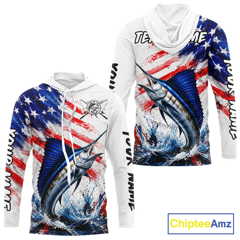 Custom Fishing Jersey Long Sleeve For Men Marlin US Flag Fishing Shirt Patriotic Fishing Gift For Men NYN4360