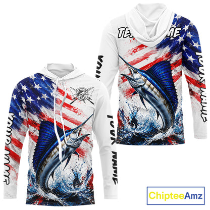 Custom Fishing Jersey Long Sleeve For Men Marlin US Flag Fishing Shirt Patriotic Fishing Gift For Men NYN4360