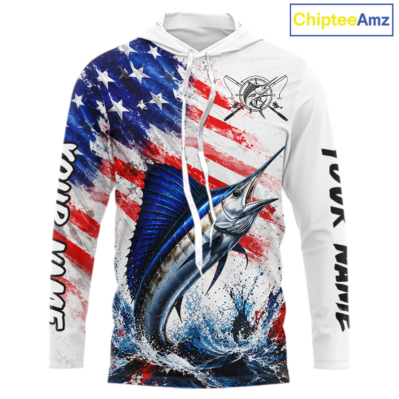 Custom Fishing Jersey Long Sleeve For Men Marlin US Flag Fishing Shirt Patriotic Fishing Gift For Men NYN4360