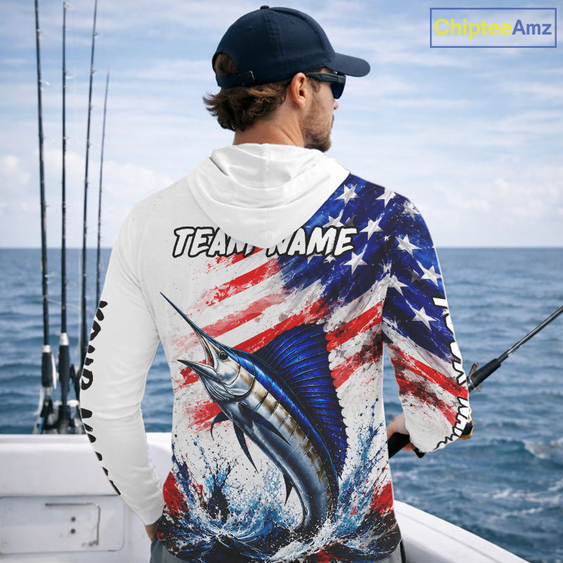 Custom Fishing Jersey Long Sleeve For Men Marlin US Flag Fishing Shirt Patriotic Fishing Gift For Men NYN4360