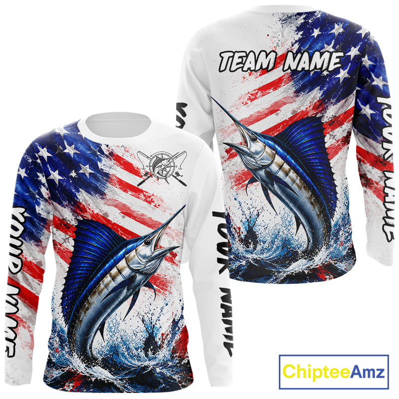 Custom Fishing Jersey Long Sleeve For Men Marlin US Flag Fishing Shirt Patriotic Fishing Gift For Men NYN4360