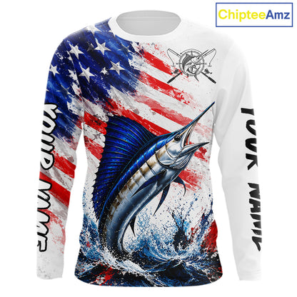 Custom Fishing Jersey Long Sleeve For Men Marlin US Flag Fishing Shirt Patriotic Fishing Gift For Men NYN4360