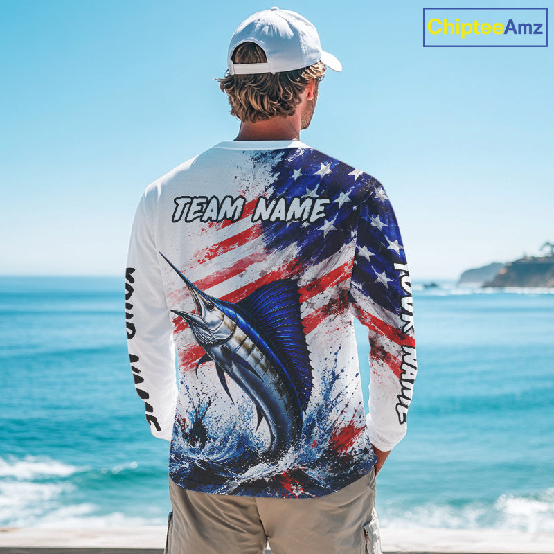 Custom Fishing Jersey Long Sleeve For Men Marlin US Flag Fishing Shirt Patriotic Fishing Gift For Men NYN4360