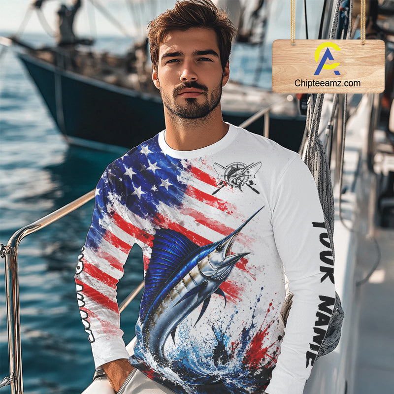 Custom Fishing Jersey Long Sleeve For Men Marlin US Flag Fishing Shirt Patriotic Fishing Gift For Men NYN4360