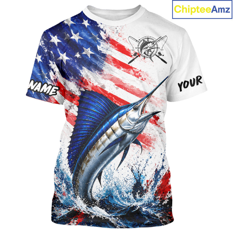 Custom Fishing Jersey Long Sleeve For Men Marlin US Flag Fishing Shirt Patriotic Fishing Gift For Men NYN4360