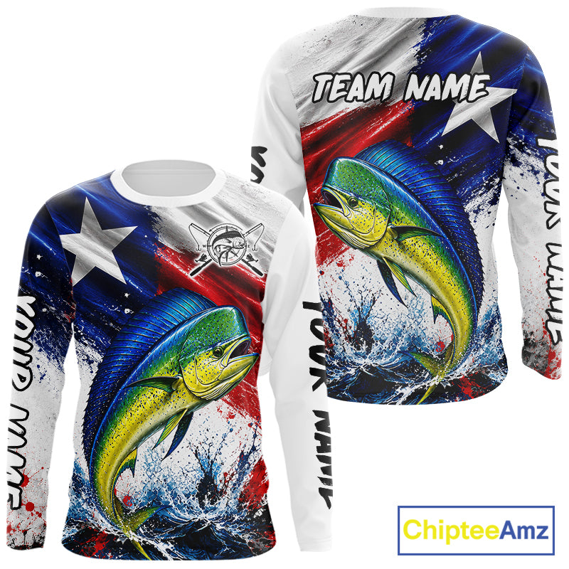 Custom Fishing Jersey Long Sleeve For Men Mahi Mahi Texas Flag Fishing Shirt Patriotic Fishing Gift For Men NYN4361