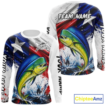 Custom Fishing Jersey Long Sleeve For Men Mahi Mahi Texas Flag Fishing Shirt Patriotic Fishing Gift For Men NYN4361