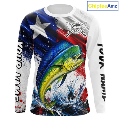 Custom Fishing Jersey Long Sleeve For Men Mahi Mahi Texas Flag Fishing Shirt Patriotic Fishing Gift For Men NYN4361