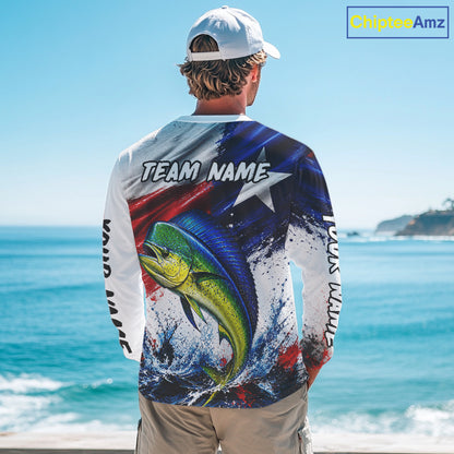 Custom Fishing Jersey Long Sleeve For Men Mahi Mahi Texas Flag Fishing Shirt Patriotic Fishing Gift For Men NYN4361
