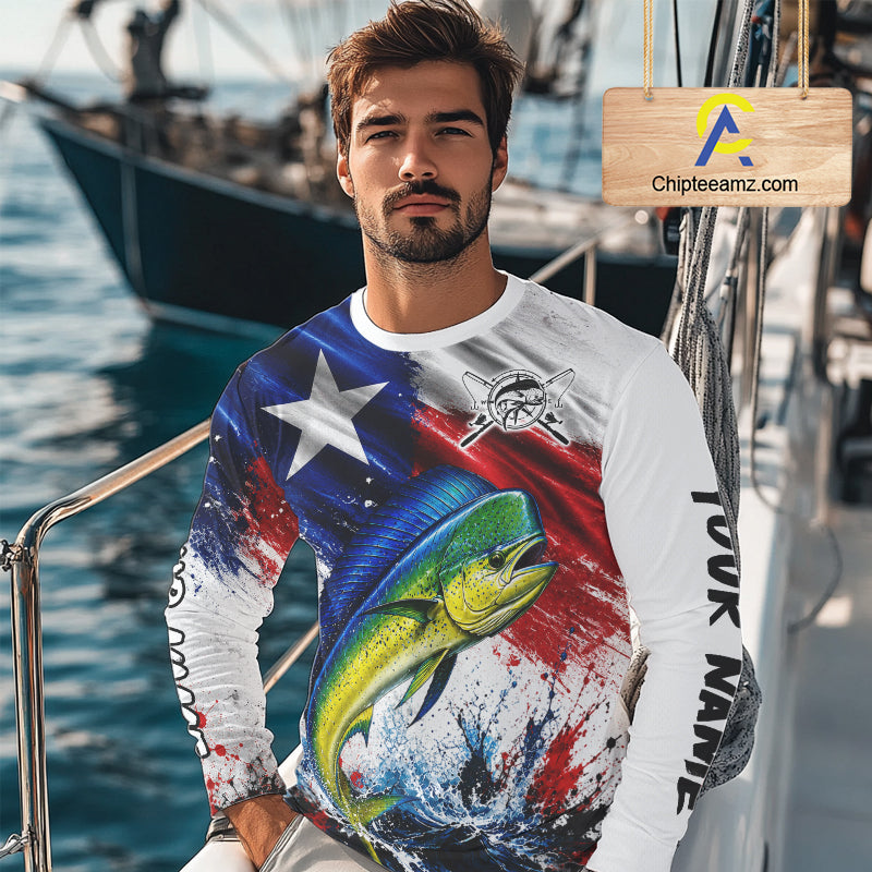 Custom Fishing Jersey Long Sleeve For Men Mahi Mahi Texas Flag Fishing Shirt Patriotic Fishing Gift For Men NYN4361