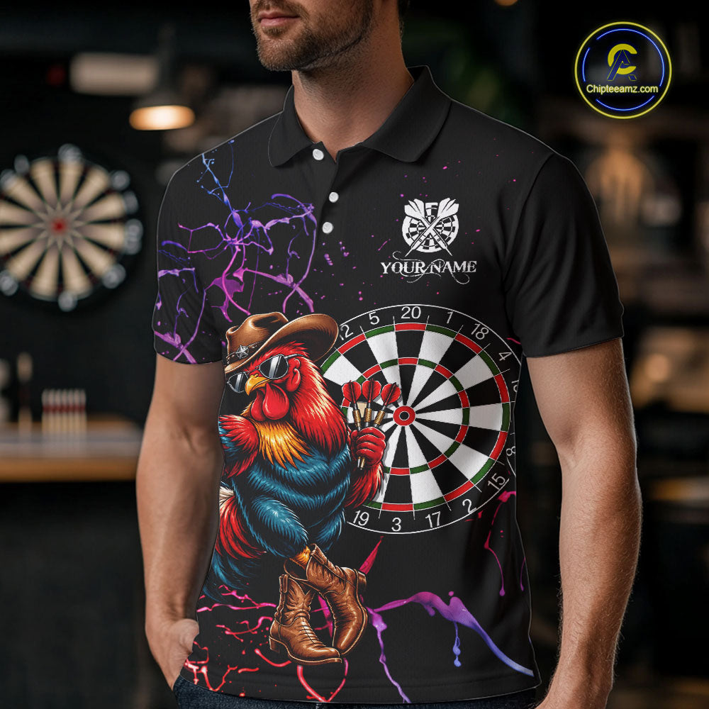 Funny Darts Polo 1/4-Zip Shirt For Men Personalized Cowboy Rooster Darts Team Jersey Darts Player Gift NYN4703