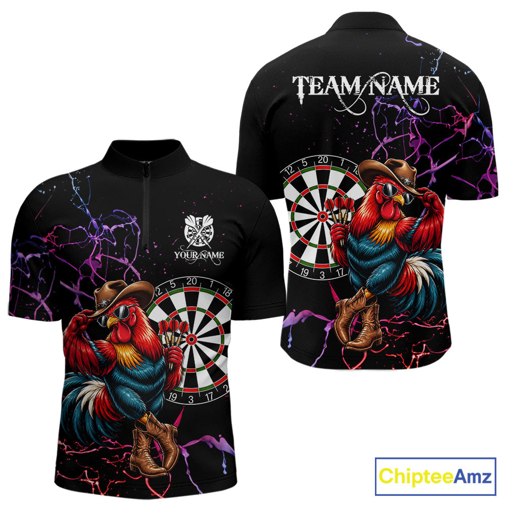Funny Darts Polo 1/4-Zip Shirt For Men Personalized Cowboy Rooster Darts Team Jersey Darts Player Gift NYN4703
