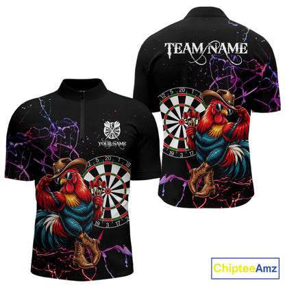 Funny Darts Polo 1/4-Zip Shirt For Men Personalized Cowboy Rooster Darts Team Jersey Darts Player Gift NYN4703