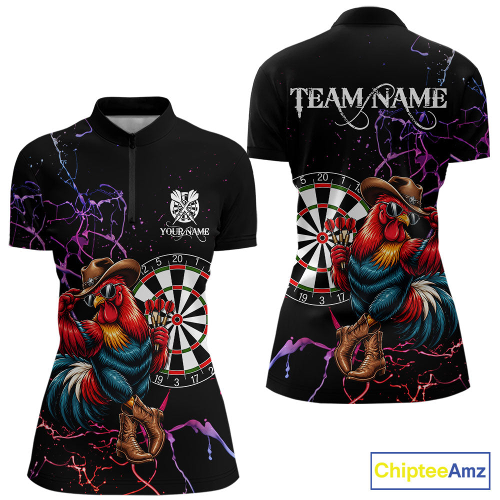 Funny Darts Polo 1/4-Zip Shirt For Women Personalized Cowboy Rooster Darts Team Jersey Darts Player Gift NYN4703
