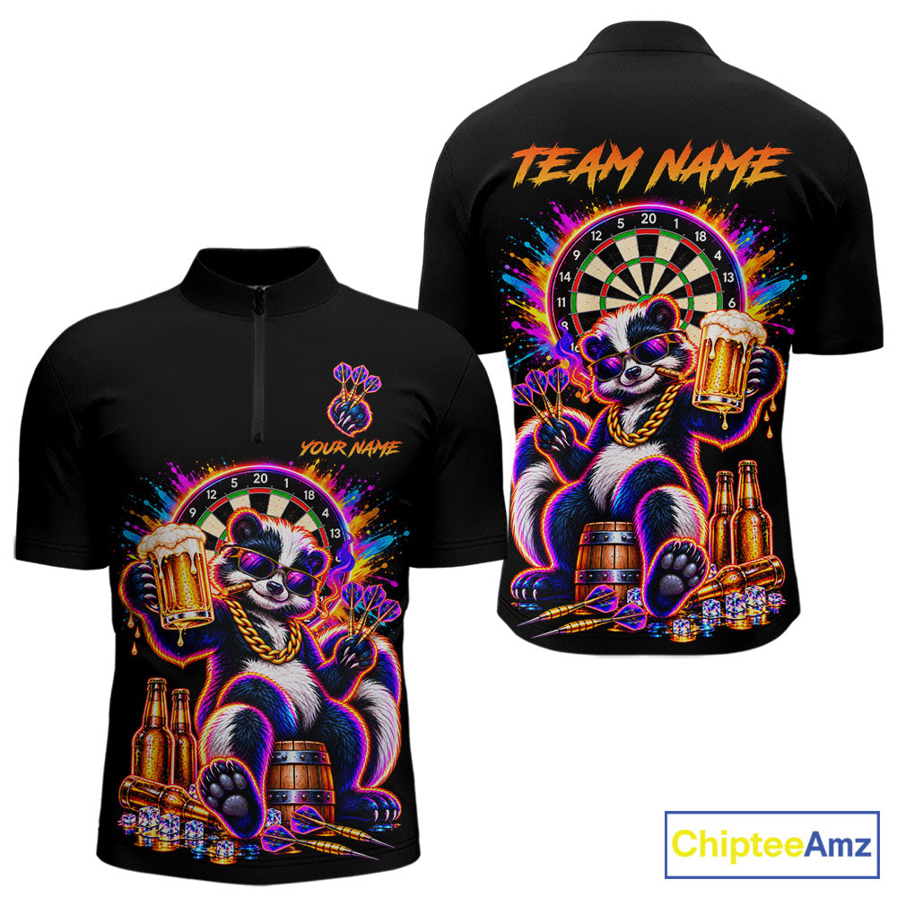 Funny Drunk Dart Polo 1/4-Zip Shirt For Men Custom Skunk Beer Splatter Darts Tournament Jersey NYN4709