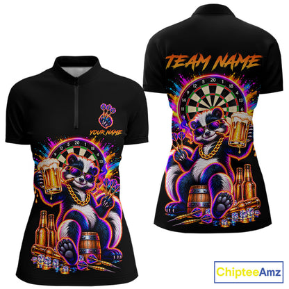 Funny Drunk Dart Polo 1/4-Zip Shirt For Women Custom Skunk Beer Splatter Darts Tournament Jersey NYN4709