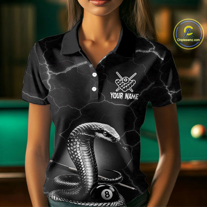 Custom Cobra Snake 8 Ball Pool Polo Shirt For Women Black Thunder Billiards Team Tournament Shirts NYN4698