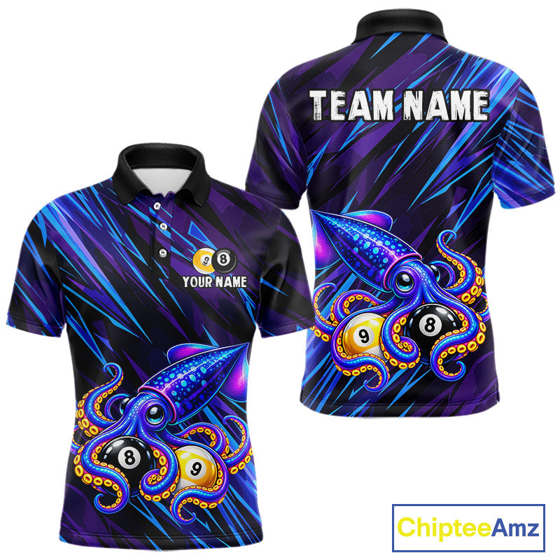 Custom Funny 8 Ball 9 Ball Squid Polo 1/4-Zip Shirt For Men Purple Blue Neon Billiard Tournament Shirt NYN4700