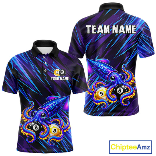 Custom Funny 8 Ball 9 Ball Squid Polo 1/4-Zip Shirt For Men Purple Blue Neon Billiard Tournament Shirt NYN4700