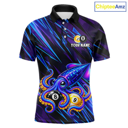 Custom Funny 8 Ball 9 Ball Squid Polo 1/4-Zip Shirt For Men Purple Blue Neon Billiard Tournament Shirt NYN4700