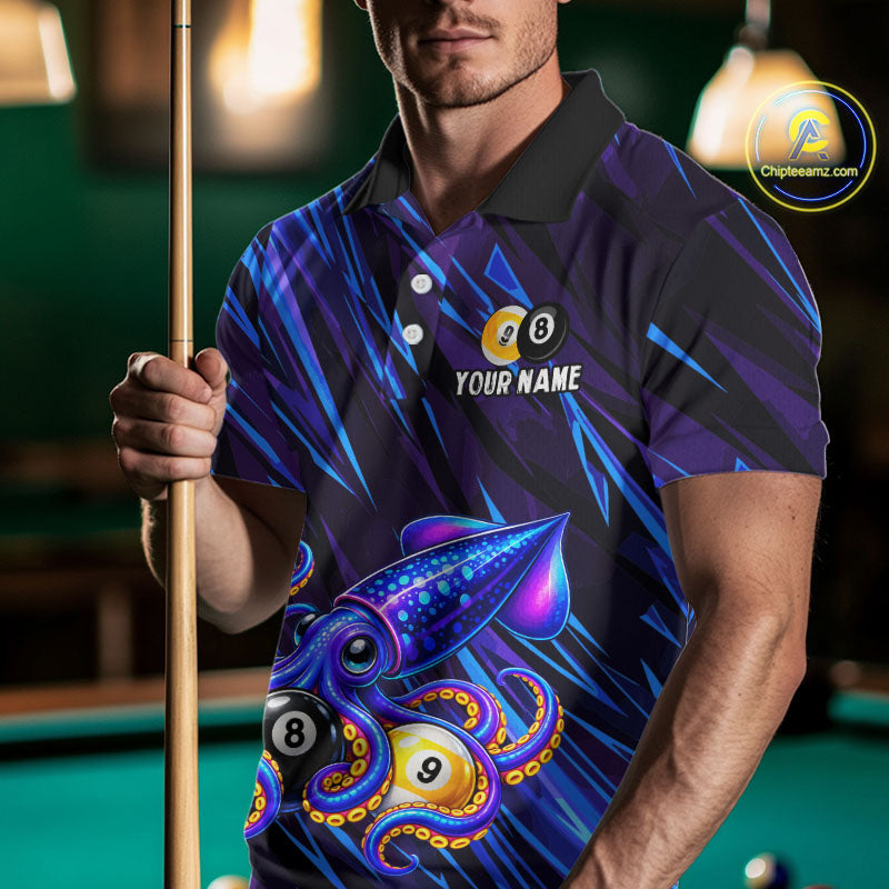 Custom Funny 8 Ball 9 Ball Squid Polo 1/4-Zip Shirt For Men Purple Blue Neon Billiard Tournament Shirt NYN4700