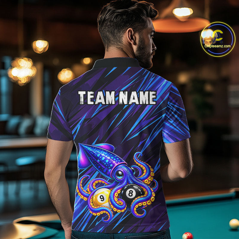 Custom Funny 8 Ball 9 Ball Squid Polo 1/4-Zip Shirt For Men Purple Blue Neon Billiard Tournament Shirt NYN4700